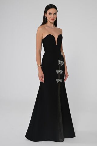 Straplez Kalp Göğüs Önden Yırtmaçlı Krep Uzun Elbise Siyah - 40