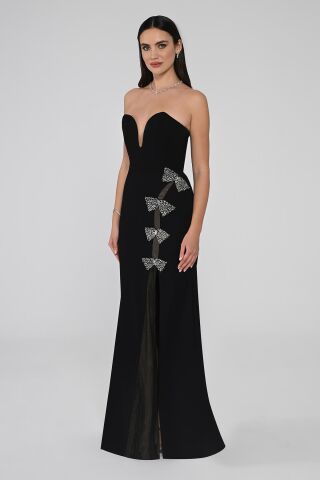 Straplez Kalp Göğüs Önden Yırtmaçlı Krep Uzun Elbise Siyah - 42