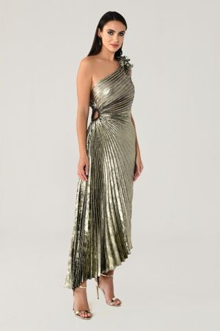 Tek Omuz Piliseli Parlak Kadife Midi Elbise ALTIN / SİYAH - 36