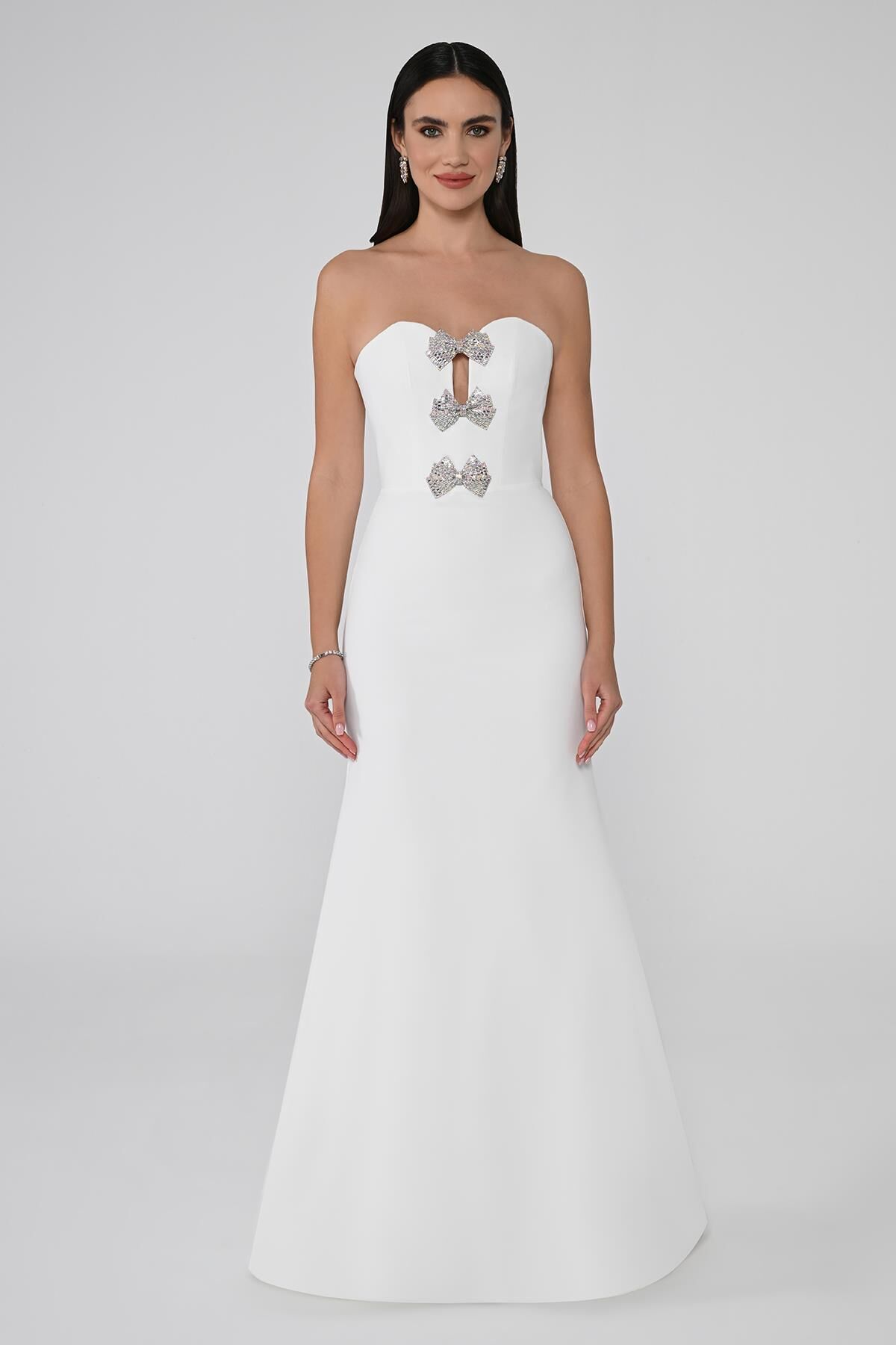 Straplez Balık Kesim Krep Uzun Elbise Beyaz - 36