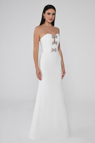 Straplez Balık Kesim Krep Uzun Elbise Beyaz - 36