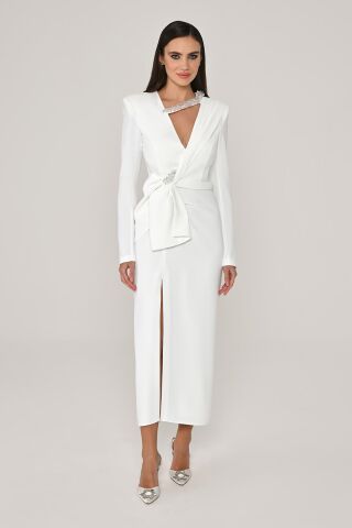 Uzun Kollu Vatkalı V Yaka Önden Yırtmaçlı Midi Elbise Beyaz - 44