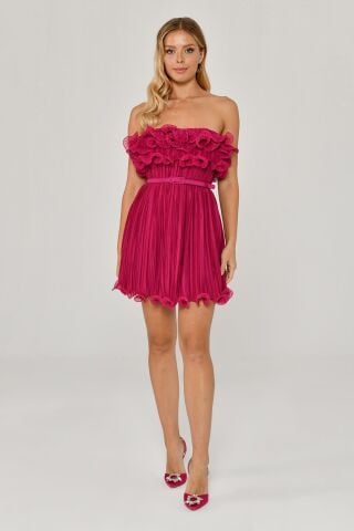 Trägerloses, plissiertes Chiffon-Kurzkleid Fuchsia - 36