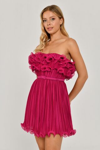 Trägerloses, plissiertes Chiffon-Kurzkleid Fuchsia - 36