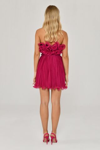Straplez Piliseli Şifon Kısa Elbise Fuşya - 36