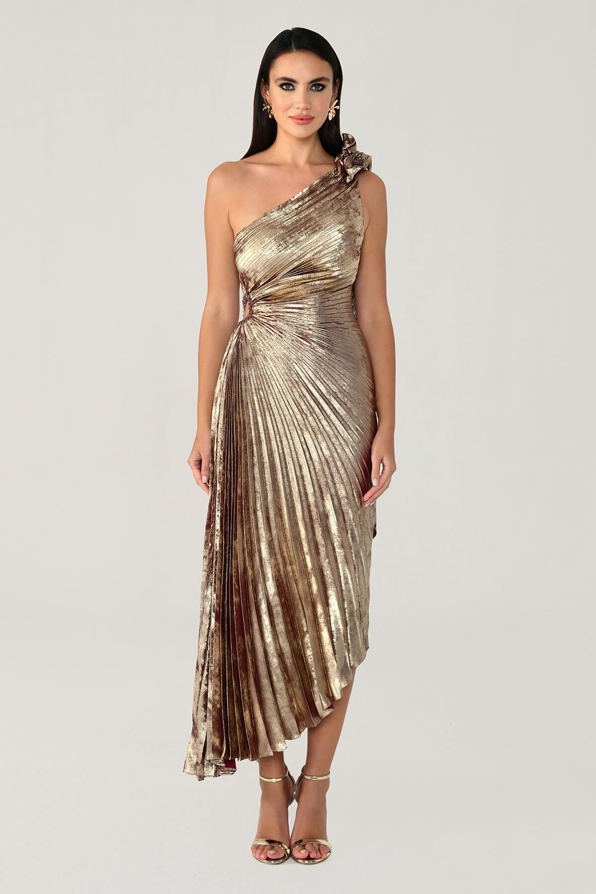 Tek Omuz Piliseli Parlak Kadife Midi Elbise ALTIN / BORDO - 36