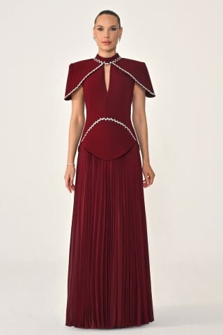 Şerit Taş Aksesuarlı Eteği Piliseli Şifon Uzun Elbise