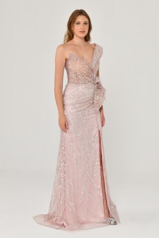 Düşük Tek Omuz Yırtmaçlı Tül Uzun Elbise Pembe - 38