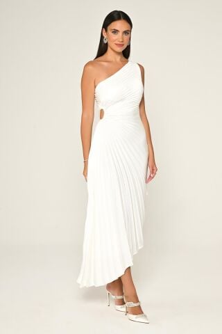 Tek Omuz Beli Pencere Detaylı Pliseli Saten Asimetrik Kesim Midi Elbise Beyaz - 40