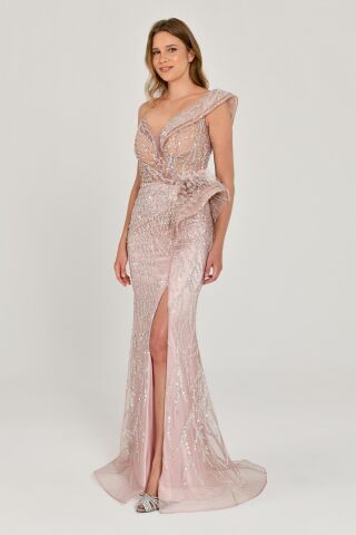 Düşük Tek Omuz Yırtmaçlı Tül Uzun Elbise Pembe - 40