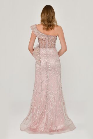 Düşük Tek Omuz Yırtmaçlı Tül Uzun Elbise Pembe - 40