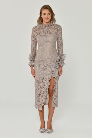 Yırtmaçlı Uzun Kollu Elbise Bej - 46