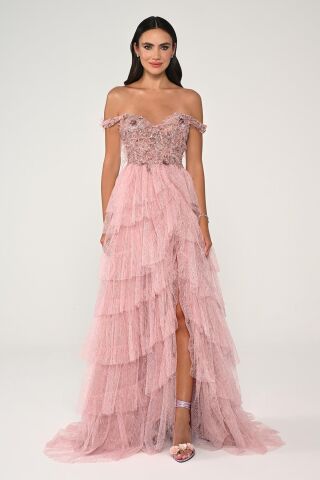 Düşük Omuz Katlı Simli Tül Dantel Etek Uzun Elbise Pembe - 38