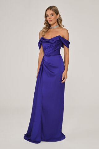 Düşük Omuz Yandan Yırtmaçlı Saten Uzun Elbise SAKS / MOR - 42