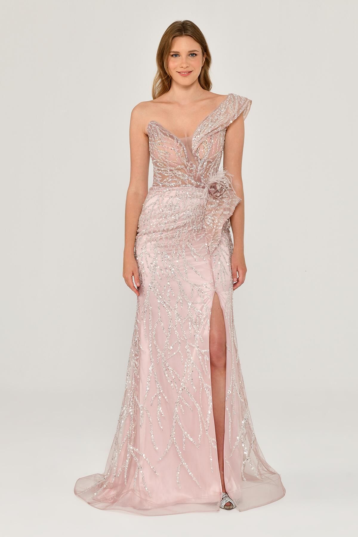 Düşük Tek Omuz Yırtmaçlı Tül Uzun Elbise Pembe - 42