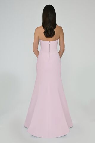 Straplez Balık Kesim Krep Uzun Elbise Pembe - 36