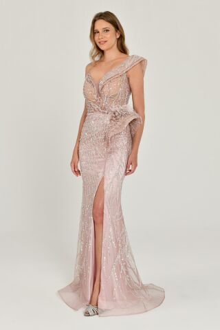 Düşük Tek Omuz Yırtmaçlı Tül Uzun Elbise Pembe - 44