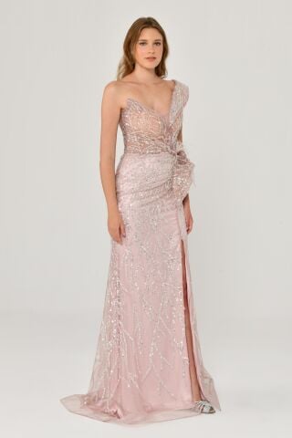 Düşük Tek Omuz Yırtmaçlı Tül Uzun Elbise Pembe - 44