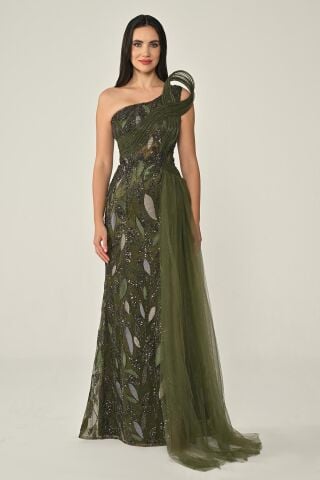 Tek Omuz Drapeli Tüllü Payet Uzun Elbise