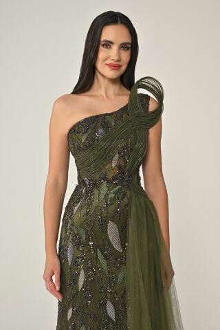 Tek Omuz Drapeli Tüllü Payet Uzun Elbise