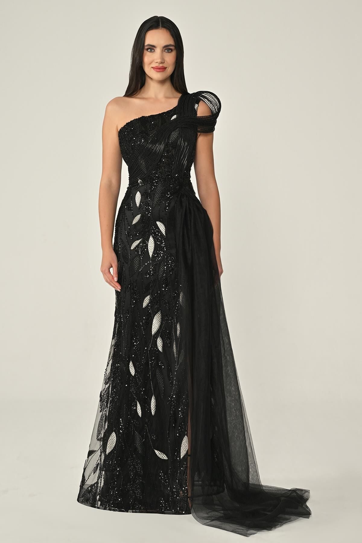 Tek Omuz Drapeli Tüllü Payet Uzun Elbise