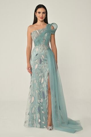 Tek Omuz Drapeli Tüllü Payet Uzun Elbise