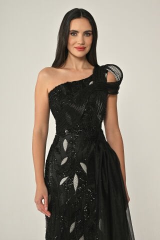 Tek Omuz Drapeli Tüllü Payet Uzun Elbise