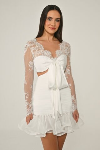 Üst Dantel Eteği Fırfırlı Şifon Kısa Elbise