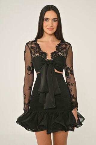 Üst Dantel Eteği Fırfırlı Şifon Kısa Elbise