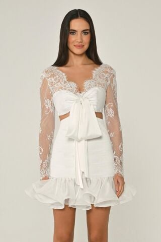 Üst Dantel Eteği Fırfırlı Şifon Kısa Elbise