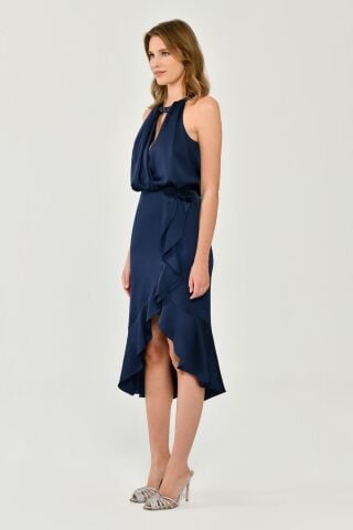 Boyundan Aksesuarlı Kolsuz Yırtmaçlı Saten Midi Elbise Lacivert - 46