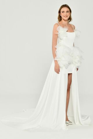 Tül Aksesuarlı Önü Kısa Arkası Uzun Saten Elbise Beyaz - 40