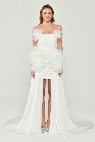 Tül Aksesuarlı Önü Kısa Arkası Uzun Saten Elbise Beyaz - 40