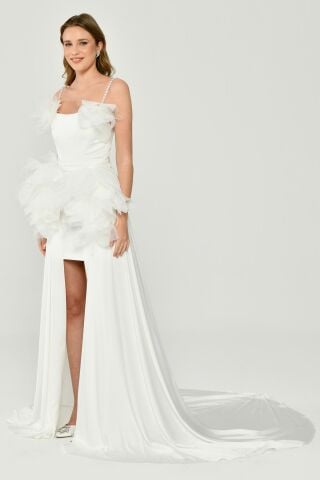 Tül Aksesuarlı Önü Kısa Arkası Uzun Saten Elbise Beyaz - 40