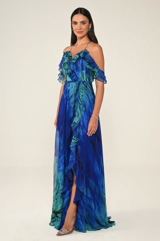 LONG DRESS WITH LOW SHOULDER SPLIT WITH ROPE HANGER SAK / GREEN - 40