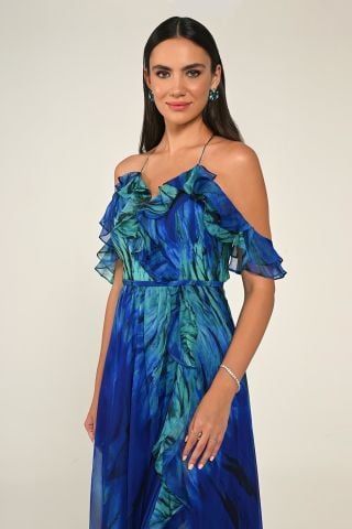 LONG DRESS WITH LOW SHOULDER SPLIT WITH ROPE HANGER SAK / GREEN - 40