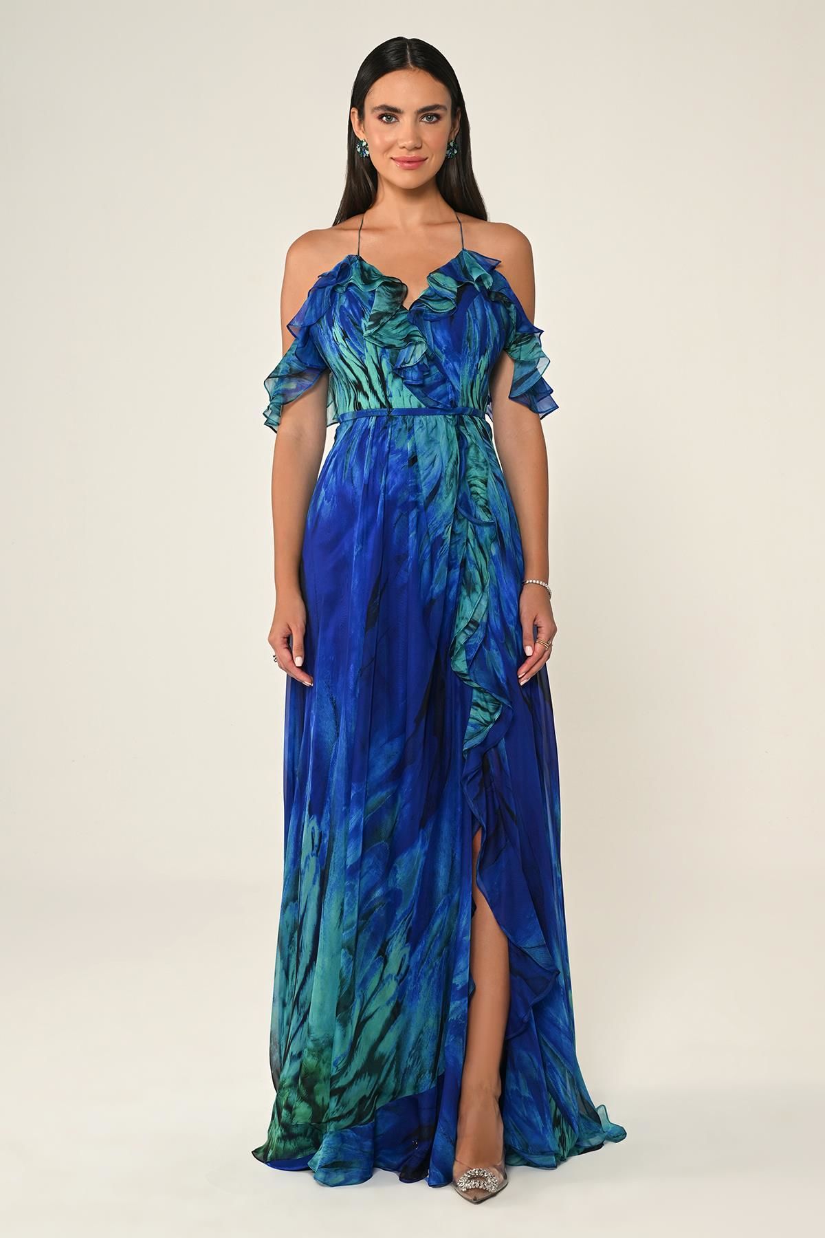 LONG DRESS WITH LOW SHOULDER SPLIT WITH ROPE HANGER SAK / GREEN - 40