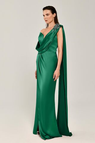 One-Shoulder Brosche Langes Satinkleid Grün - 46