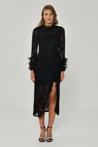 Yırtmaçlı Uzun Kollu Elbise Siyah - 38