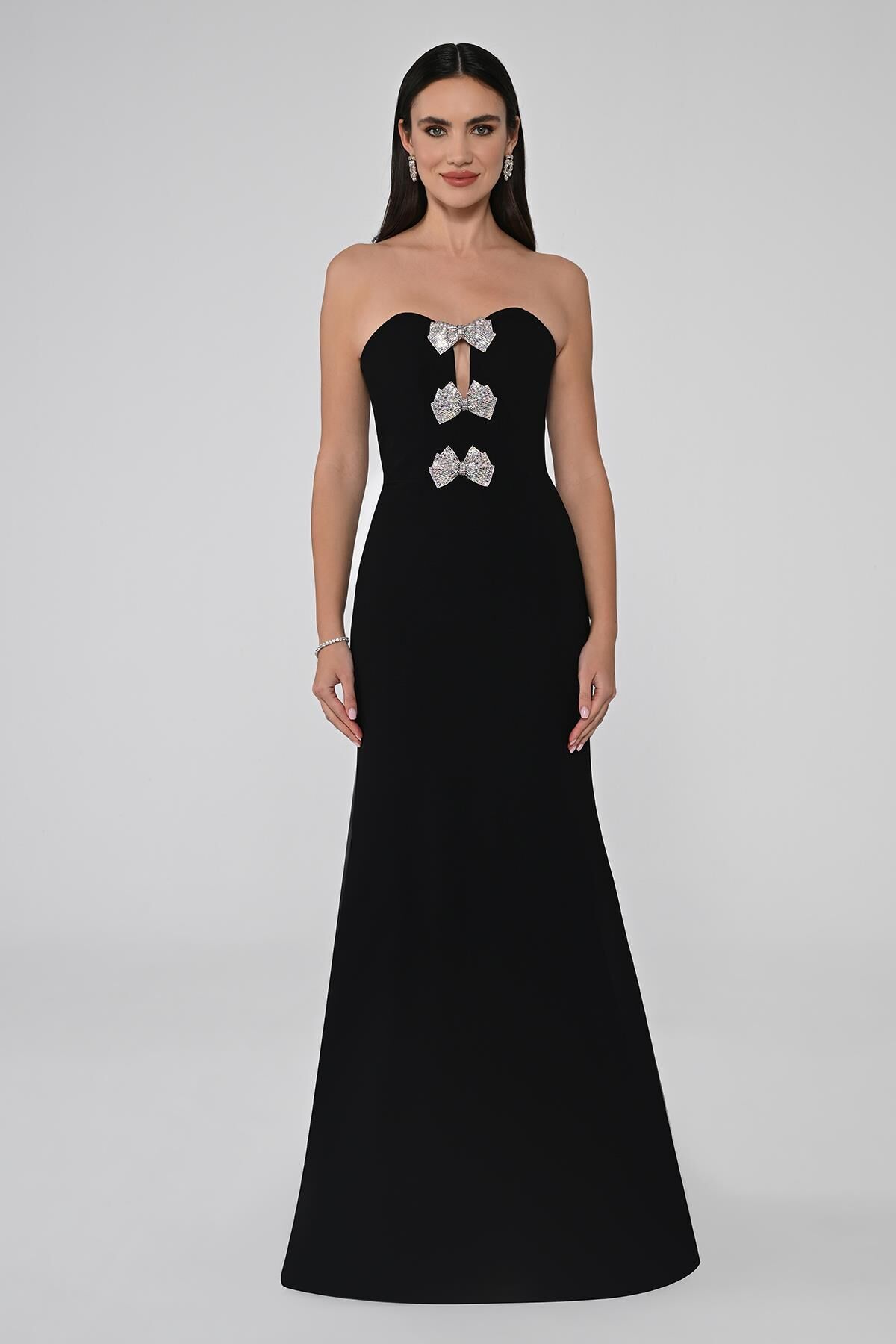 Straplez Balık Kesim Krep Uzun Elbise Siyah - 42