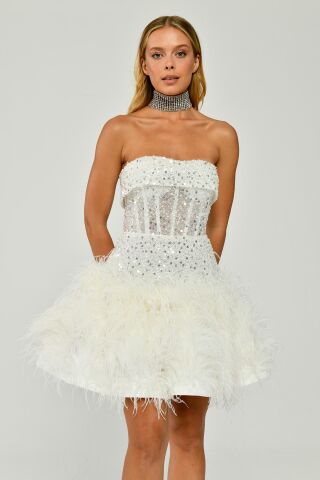 Straplez Eteği Tüylü Payet Kısa Elbise Beyaz - 36