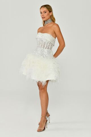 Straplez Eteği Tüylü Payet Kısa Elbise Beyaz - 36