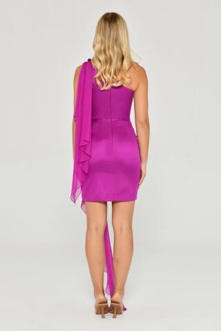 Tek Omuz Şal ve Çiçek Aksesuarlı Kısa Elbise Eflatun - 36