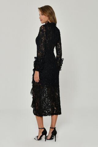 Yırtmaçlı Uzun Kollu Elbise Siyah - 40