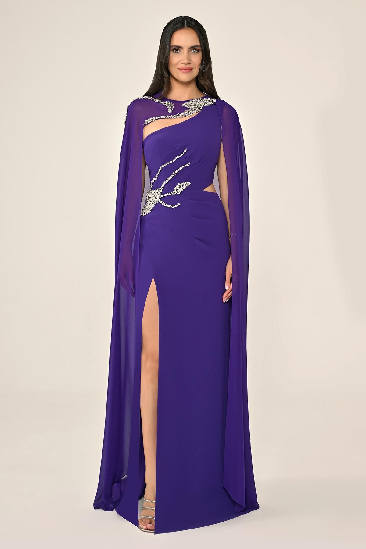 Pelerinli Taş İşlemeli Krep Uzun Elbise Mor - 44