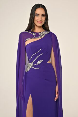 Pelerinli Taş İşlemeli Krep Uzun Elbise Mor - 44