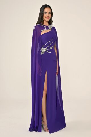 Pelerinli Taş İşlemeli Krep Uzun Elbise Mor - 44