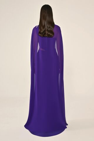 Pelerinli Taş İşlemeli Krep Uzun Elbise Mor - 44