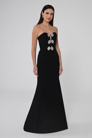 Straplez Balık Kesim Krep Uzun Elbise Siyah - 44