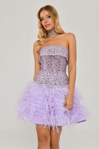 Straplez Eteği Tüylü Payet Kısa Elbise Lila - 36